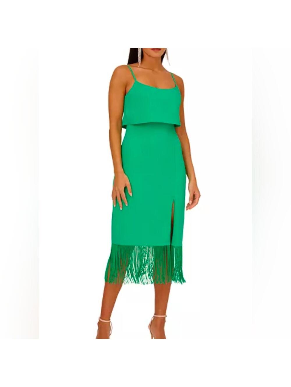 Adrianna Papell Vibrant Green Fringe Midi Dress